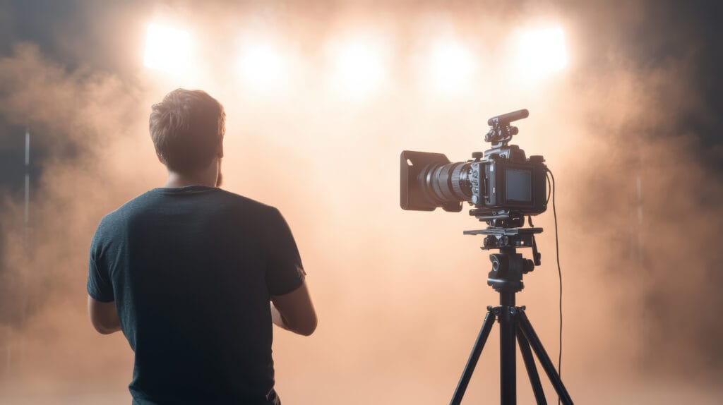 photographer prepares for shoot with camera on tripod, surrounded by dramatic lighting photographer prepares for shoot with camera on tripod, surrounded by dramatic lighting